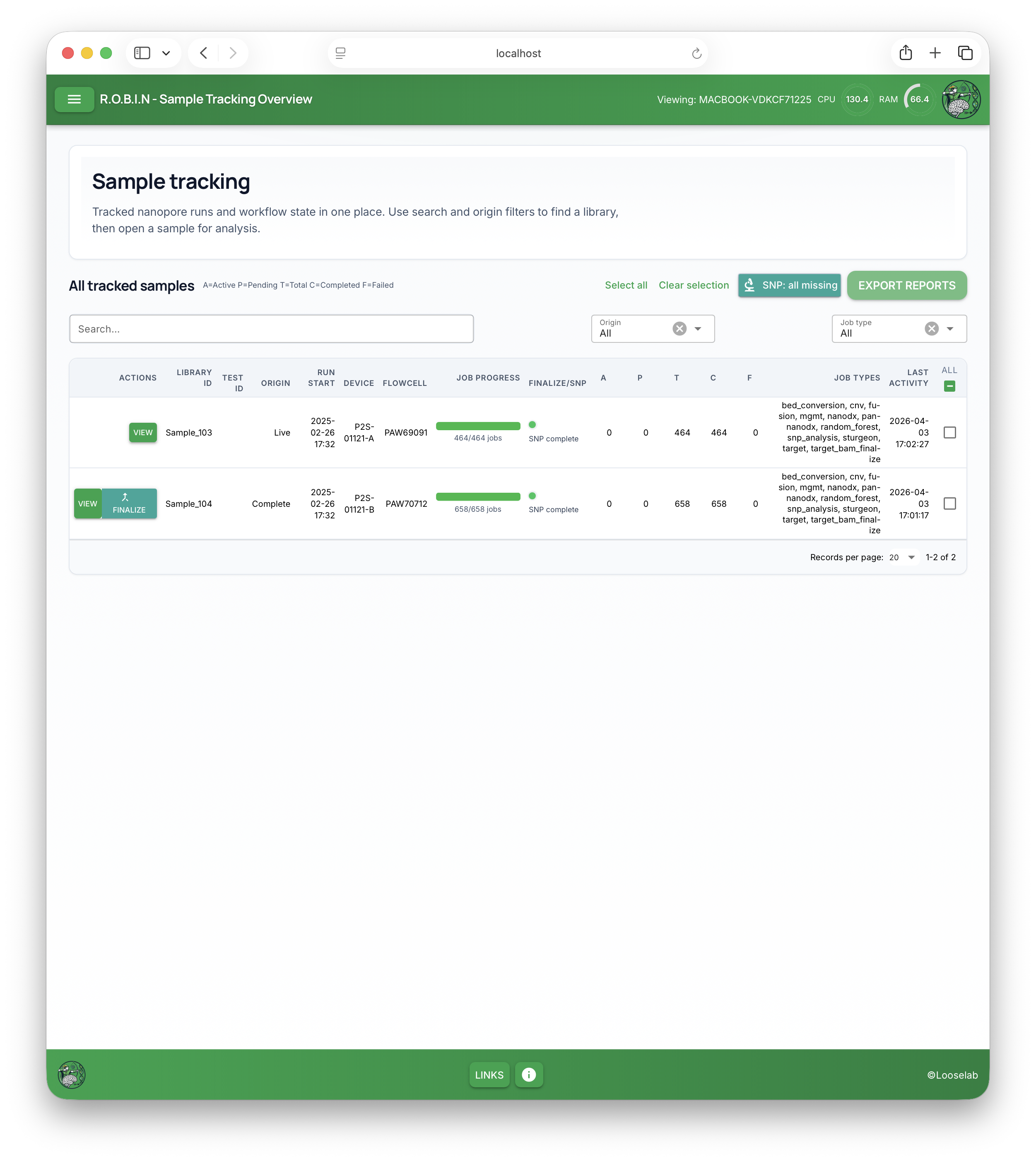 Sample Tracking Overview: filters, All tracked samples table, job progress, and actions