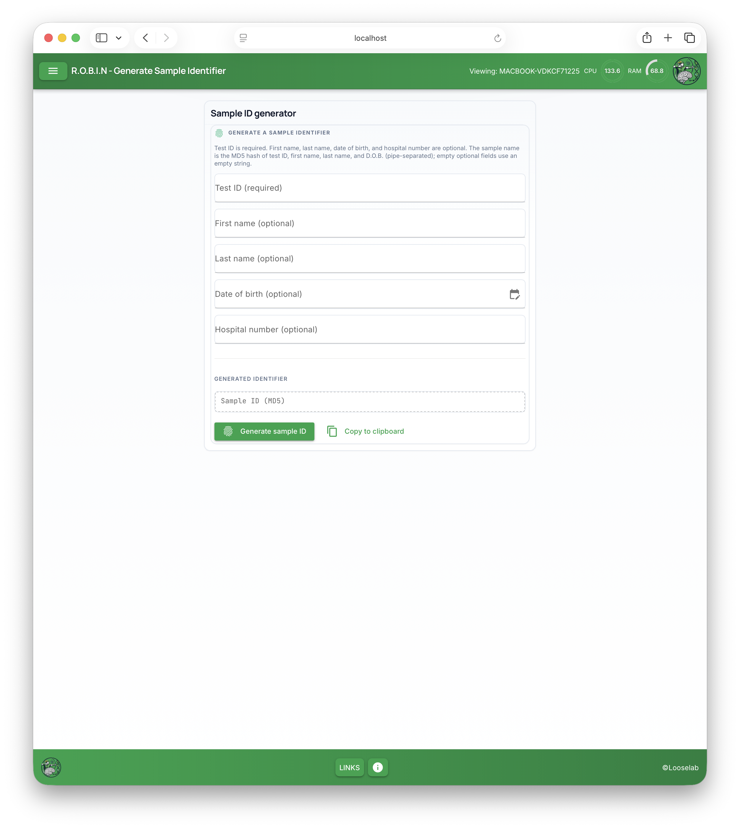 Sample ID generator: fields, generated MD5 identifier, Generate and Copy