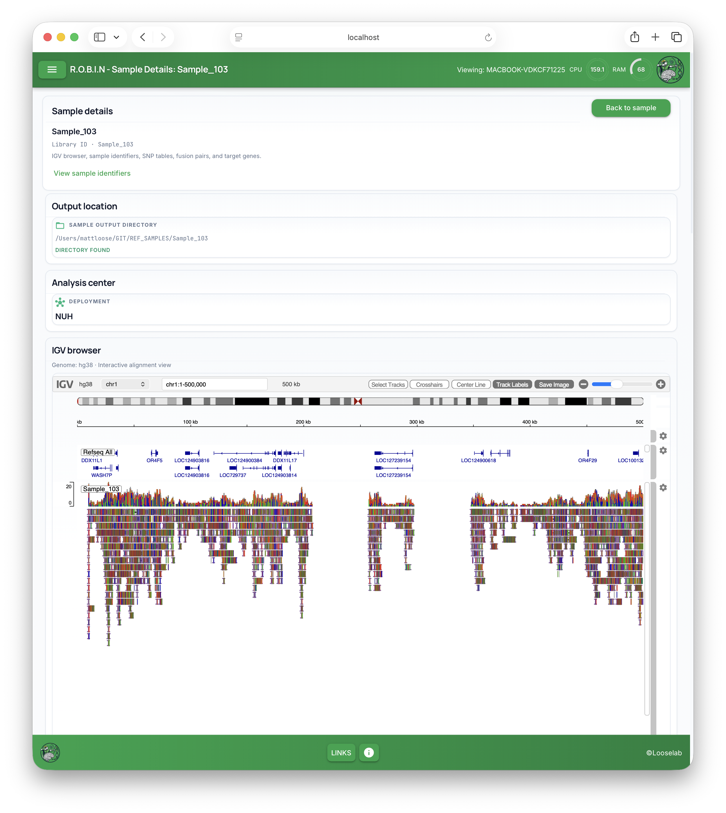 Sample details page: extra tools, tables, and paths for one library