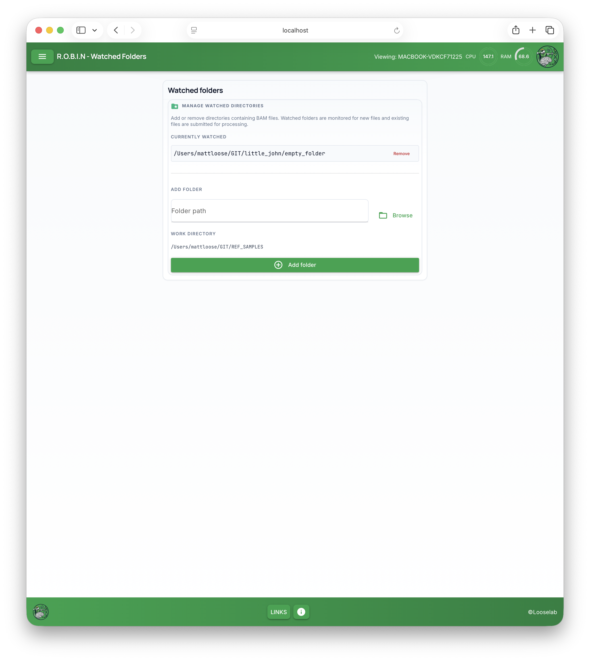 Watched folders: currently watched paths, Remove, Add folder with Browse, and work directory