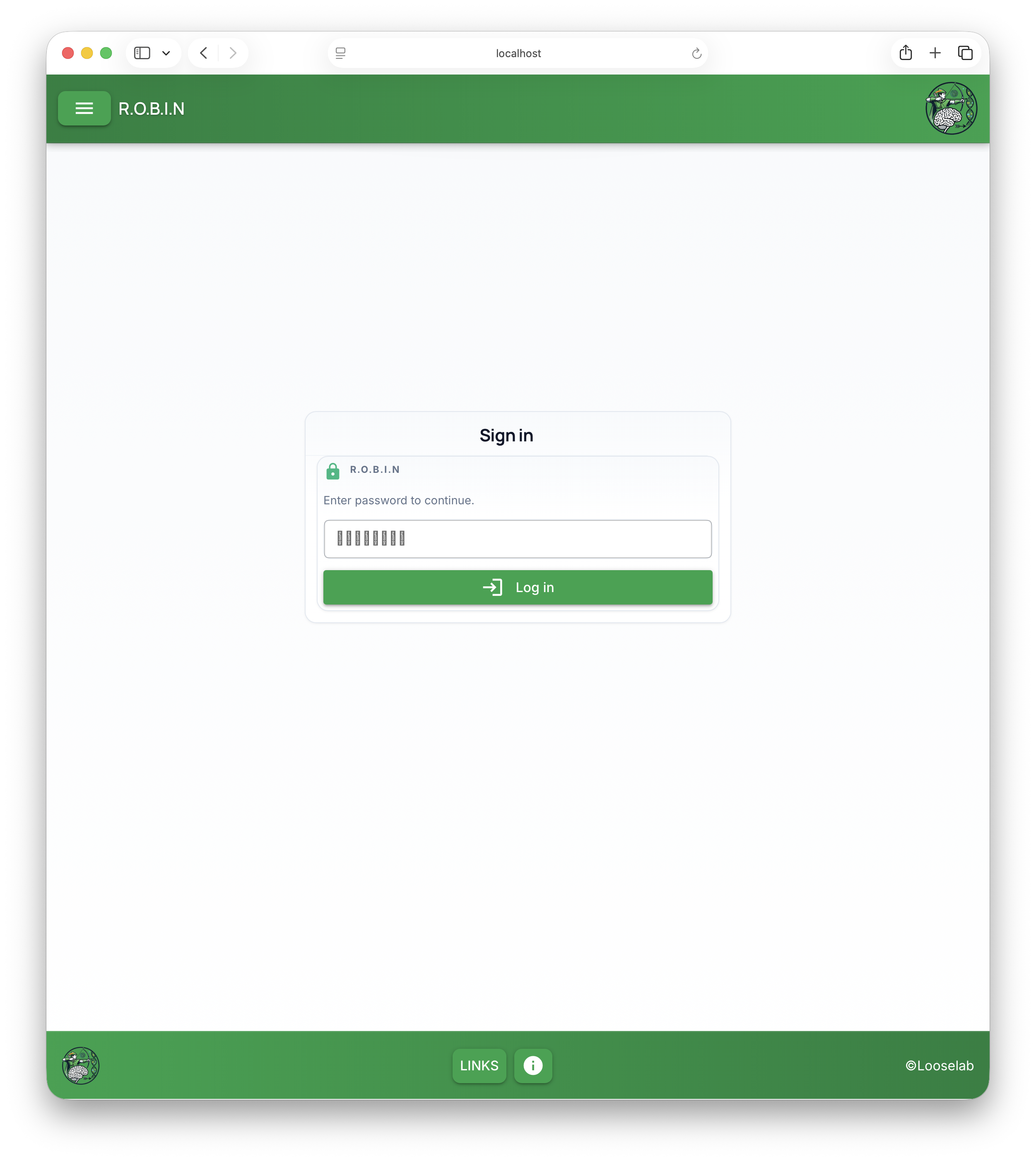 ROBIN web sign-in: header, Sign in card with password field and Log in button, footer