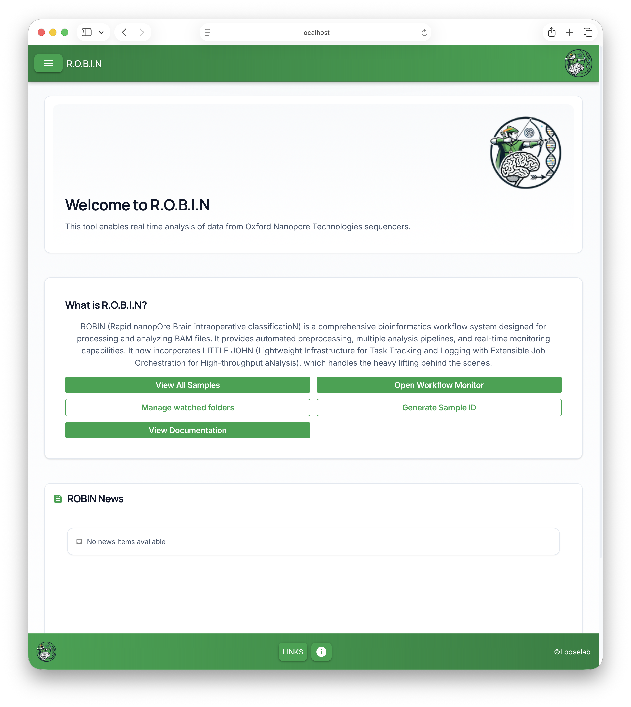 Welcome to R.O.B.I.N: welcome card, What is R.O.B.I.N, action buttons, and ROBIN News